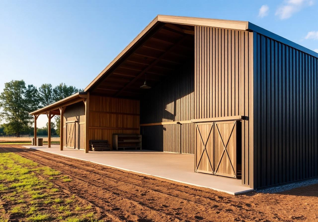 Landwirtschaftliche Scheune mit anthrazitfarbenem Trapezblech-Dach und Holzfassade in Niedersachsen, gebaut von Dachdecker DNL