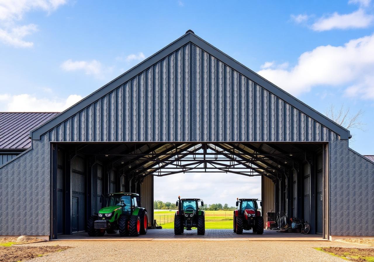 Landwirtschaftliche Maschinenhalle mit anthrazitfarbenem Trapezblech und Traktoren im Inneren in Sachsen-Anhalt