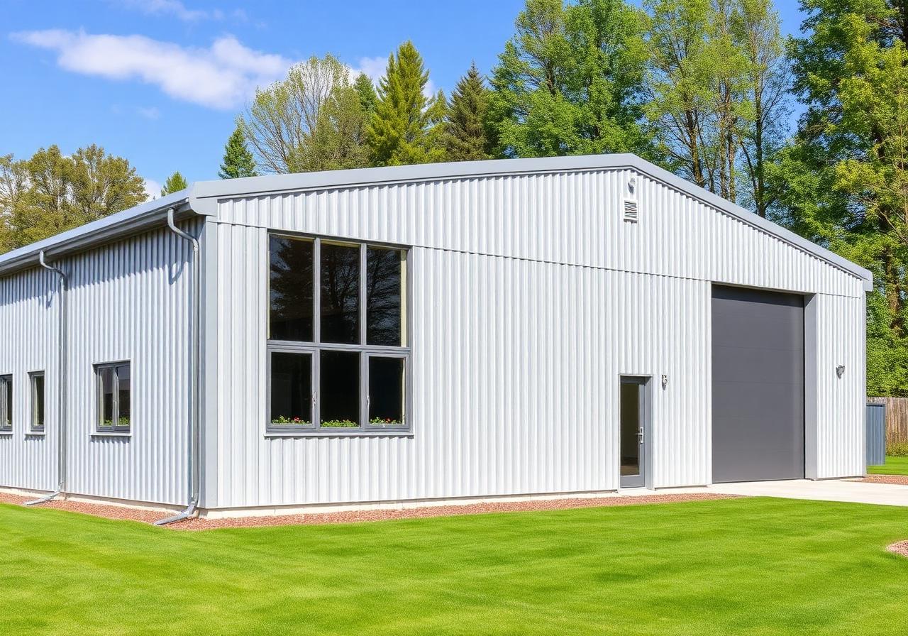 Moderne Werkstatt mit silbernen Sandwichpaneelen und großer Fensterfront in Nordrhein-Westfalen von Dachdecker DNL
