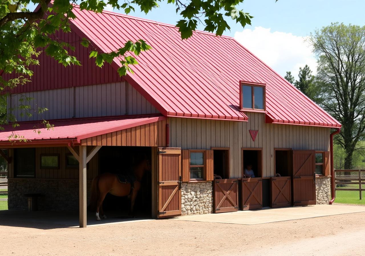 Pferdestall und Reithalle mit rotem Trapezblech-Dach und Holzverkleidung auf einem Reiterhof in Hessen